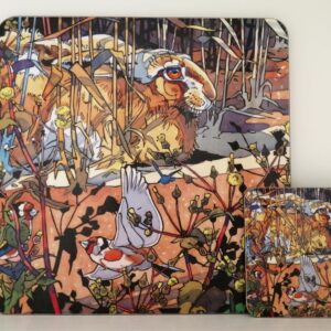 Matching placemat and coaster set featuring an illustrated hare lying among autumn woodland plants and flowers.