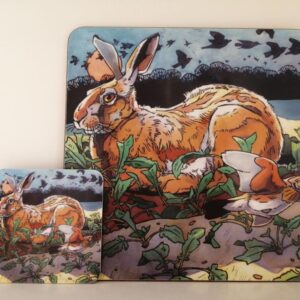 Matching placemat and coaster set featuring an illustrated hare resting among flowers, leaves and countryside plants.