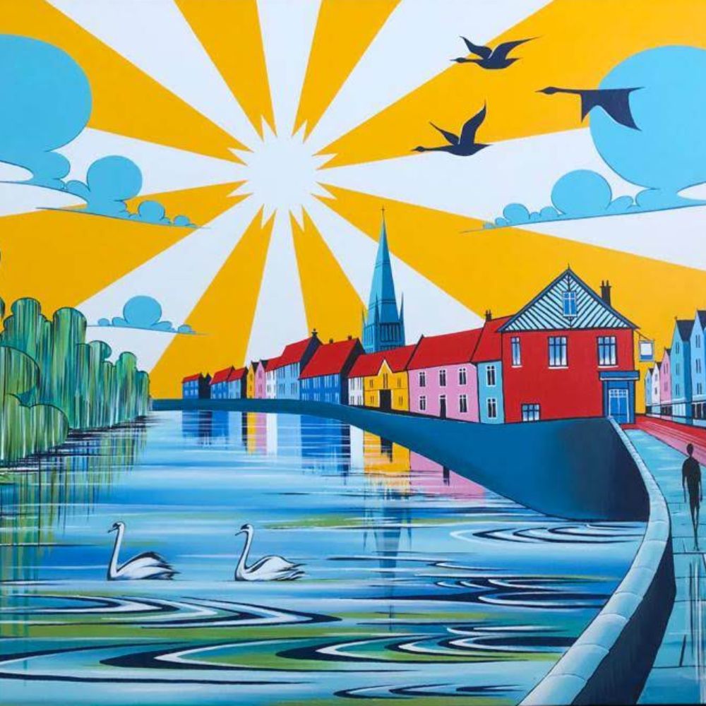 Bright illustrated riverside town scene with colourful buildings, swans on the water, birds in the sky and bold sun rays overhead.