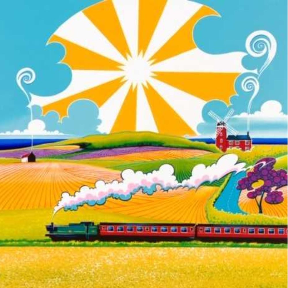 Bright countryside artwork featuring a steam train travelling through yellow fields beneath bold sun rays, with windmills and rolling hills in the background.