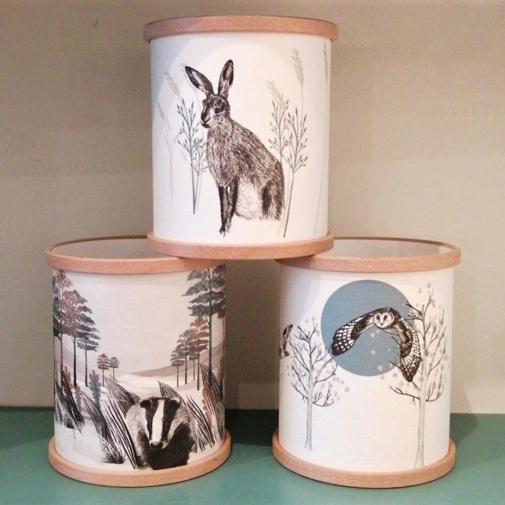 Woodland Animal Lampshades with Hare, Badger and Owl Illustrations