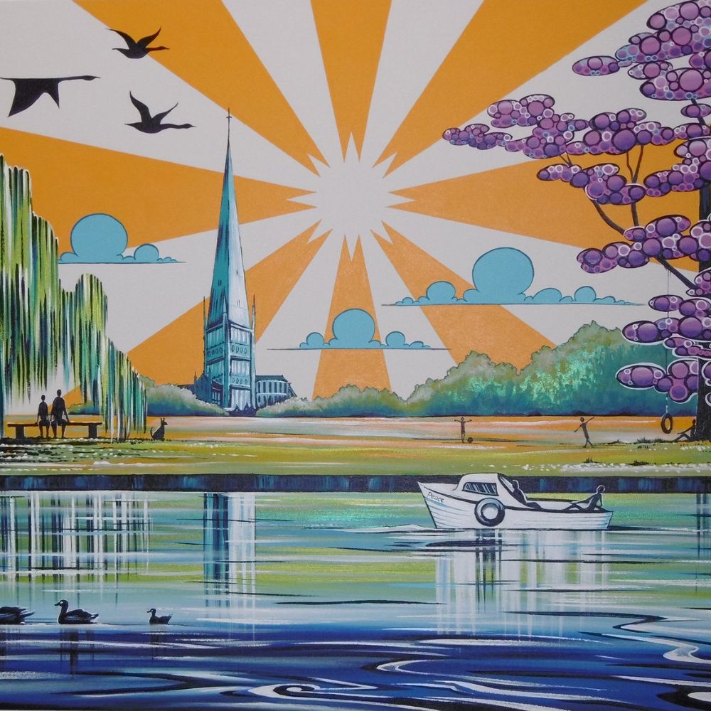 Bright illustrated riverside scene featuring a cathedral spire, small boat, swans, willow trees and bold sun rays over the water.
