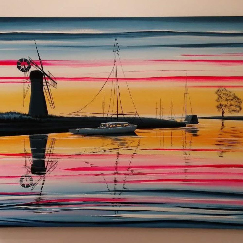 Colourful artwork of a sailing boat on calm water at sunset, with a windmill silhouette and vivid pink reflections.